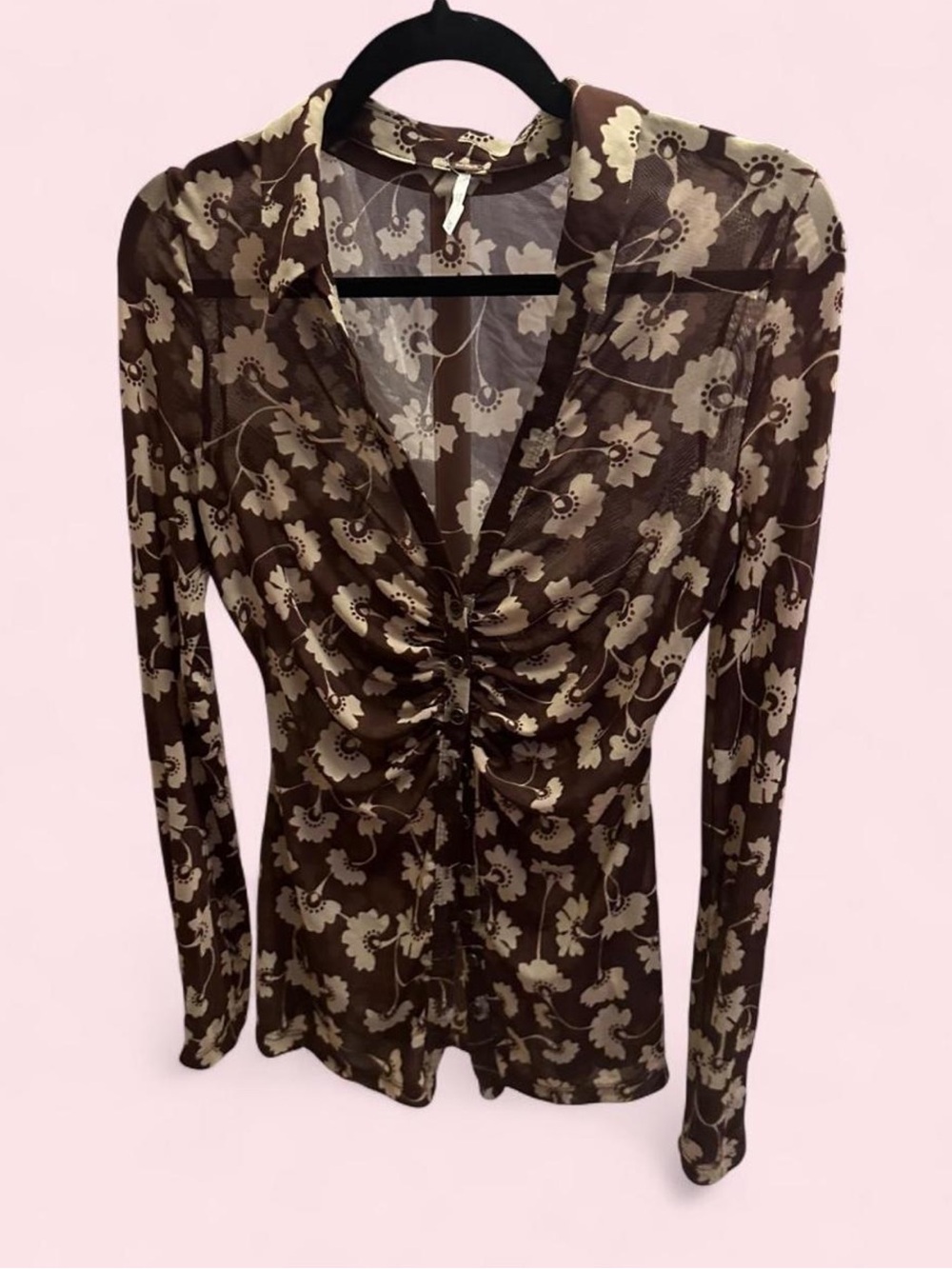 Free People “Lucky Shirtee” Sheer Brown + Cream Floral Ruched Long Sleeve Top